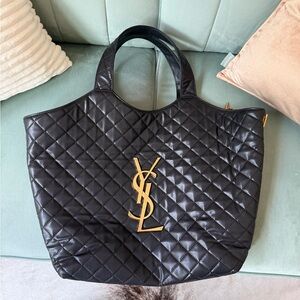 Black Quilted Tote with Gold Logo